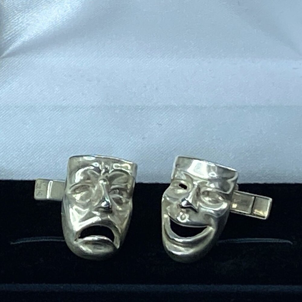Mid Century Sterling Silver Figural Cufflinks Comedy Tragedy Masks 12.8g JR9605